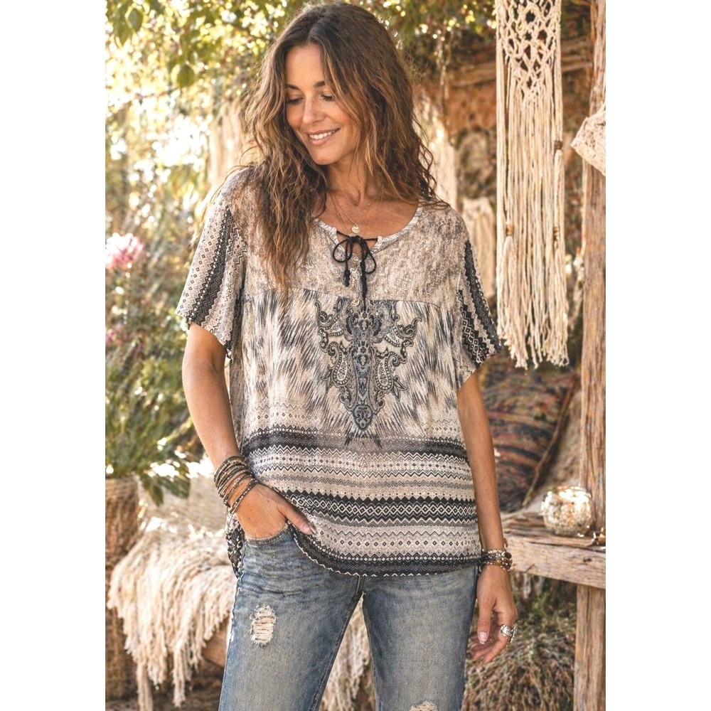 Boho Peasant Blouse Neutral Tribal Print Flowy Top 1X Goblin Hippie Lagenlook